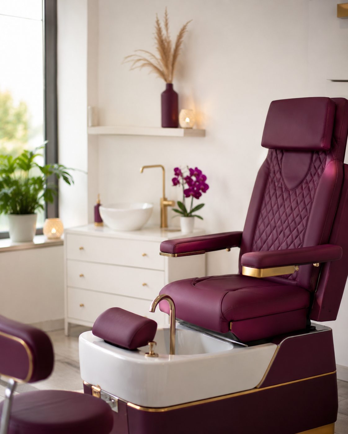 Modernes Behandlungszimmer im Beauty Queen Studio mit Pediküre-Sessel in Bordeaux und Gold