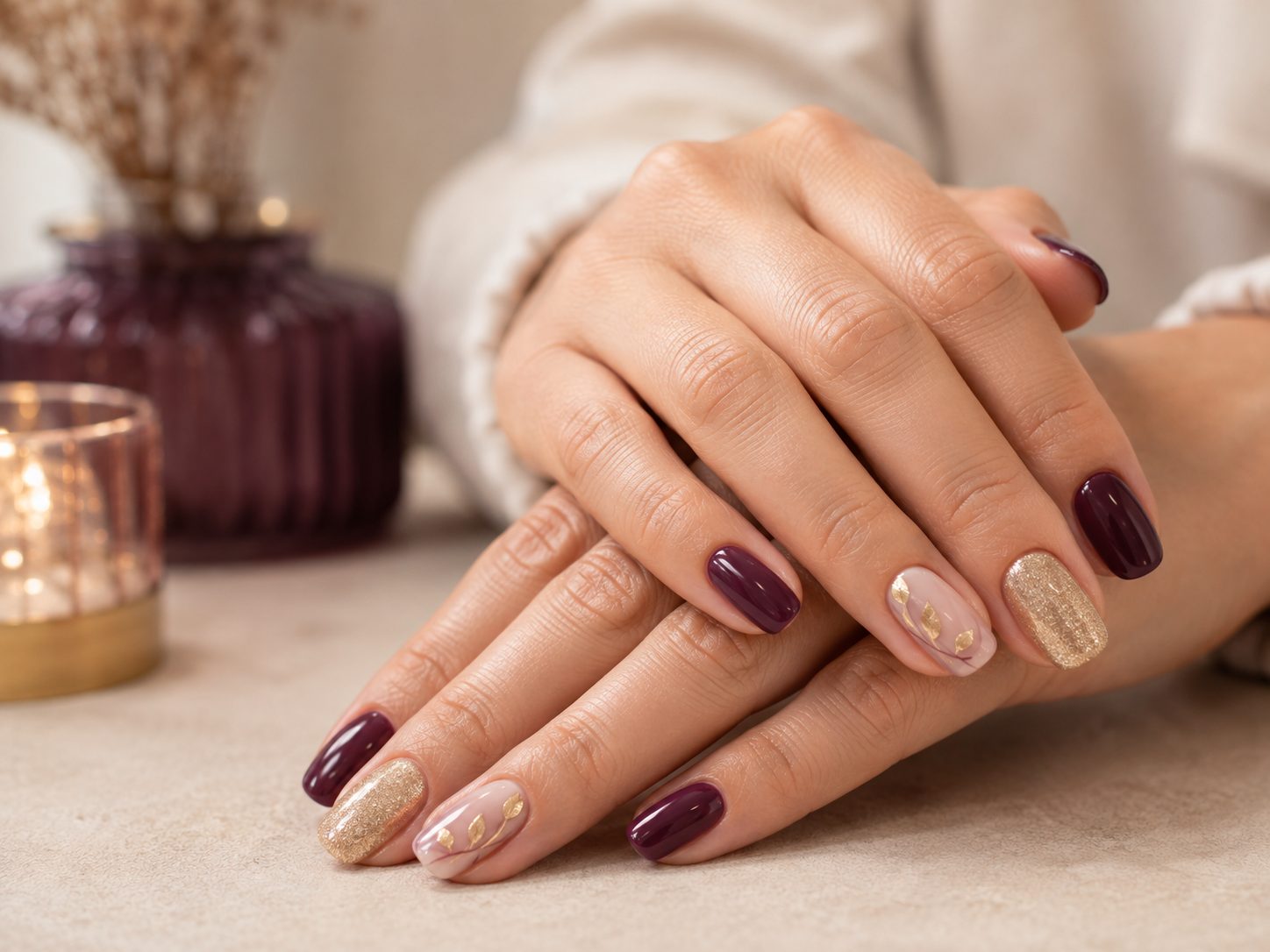 Elegantes Nageldesign in Bordeaux, Nude und Gold
