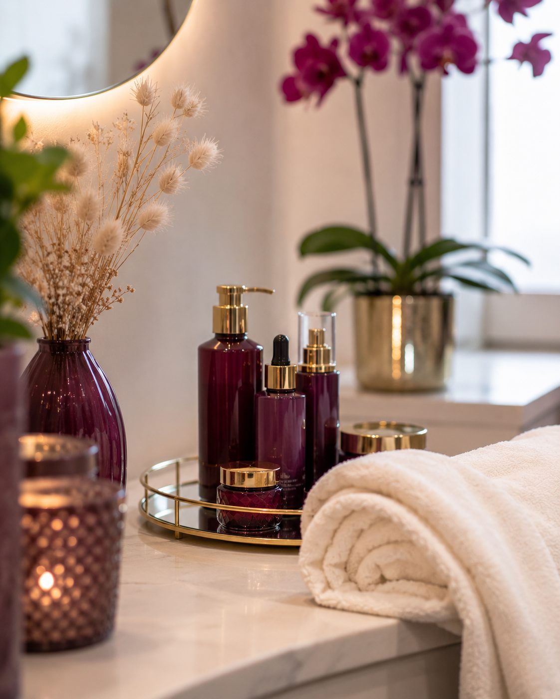 Gepflegte Behandlungsecke im Beauty Queen Studio mit Pflegeprodukten und Orchidee